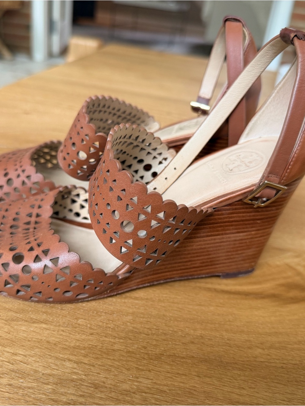 Tory Burch Cognac Laser-Cut Leather Wedge Sandals